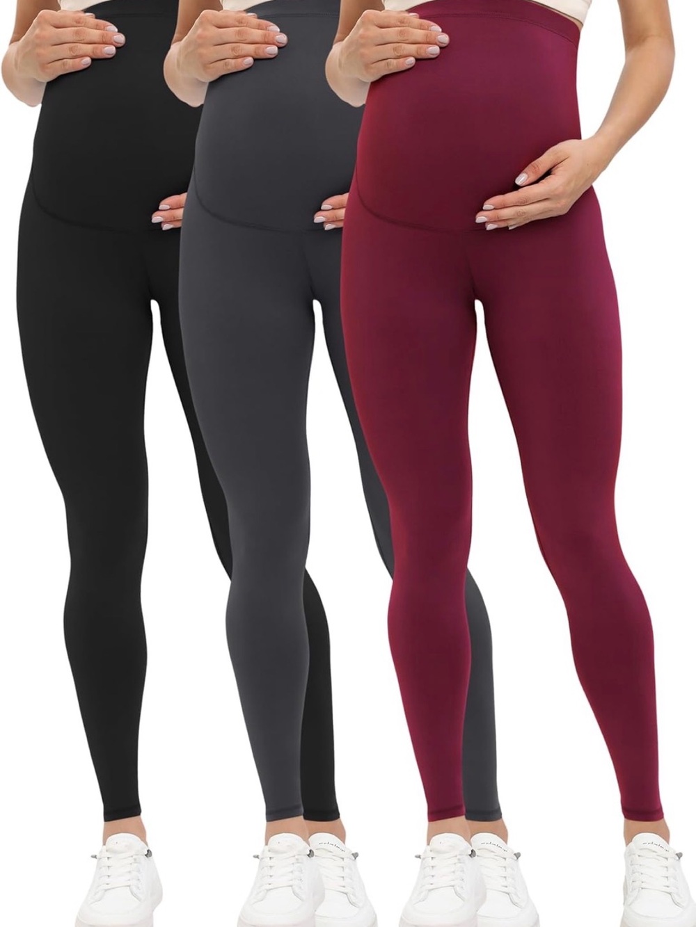 Maternity High-Waist Supportive Leggings - Burgundy, Charcoal, Black